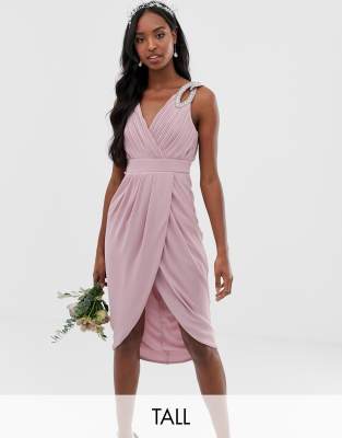 Tfnc Tall Bridesmaid Exclusive Wrap Midi Dress In Pink