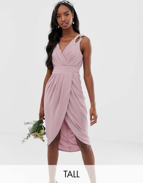 TFNC Tall bridesmaid exclusive wrap midi dress in pink