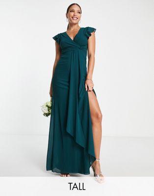 TFNC Tall Bridesmaid flutter sleeve ruffle detail maxi dress in emerald-Green