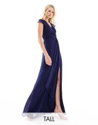 Tfnc Tall Bridesmaid Flutter Sleeve Ruffle Detail Maxi Dress In Navy