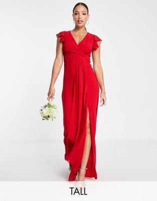 TFNC Tall Bridesmaid flutter sleeve ruffle detail maxi dress in red
