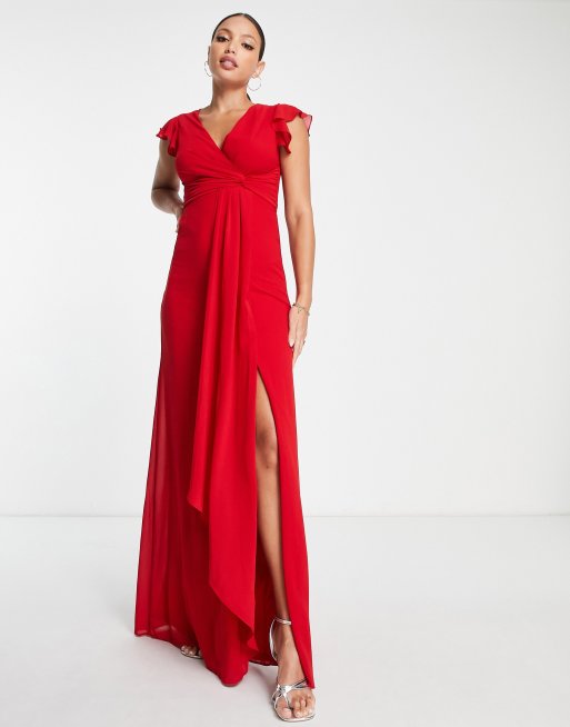 TFNC Tall Bridesmaid flutter sleeve ruffle detail maxi dress in red