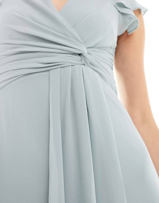 Flutter Sleeve Draped Wrap Stretch Maxi Bridesmaid Dress In French Truffle