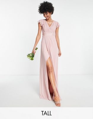 TFNC Tall  Bridesmaid flutter sleeve v neck dress in dusty pink