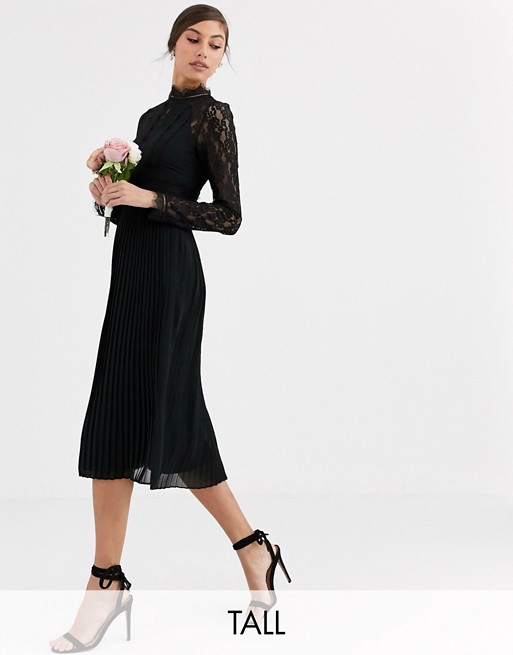 TFNC Tall Bridesmaid high neck long sleeve pleated midi dress with lace inserts in black