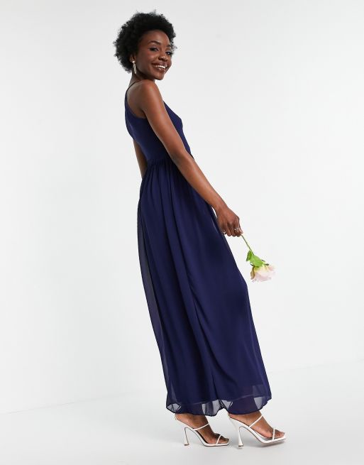 TFNC Tall Bridesmaid high neck pleated maxi dress in navy