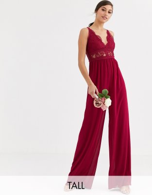 TFNC Tall Bridesmaid jumpsuit with lace inserts in mulberry-Red