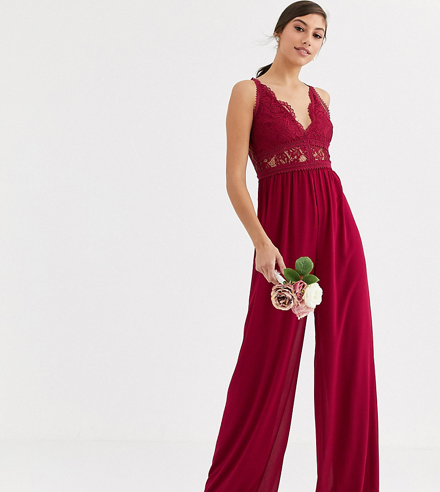 TFNC Tall Bridesmaid jumpsuit with lace inserts in mulberry-Red