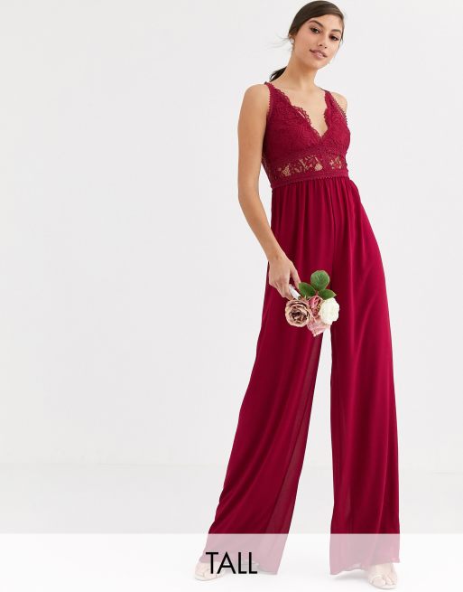 TFNC Tall Bridesmaid jumpsuit with lace inserts in mulberry