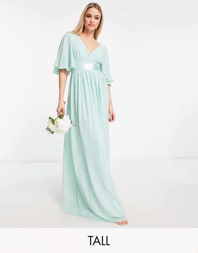 TFNC Tall Bridesmaid kimono sleeve pleated maxi dress with angel sleeve in fresh sage