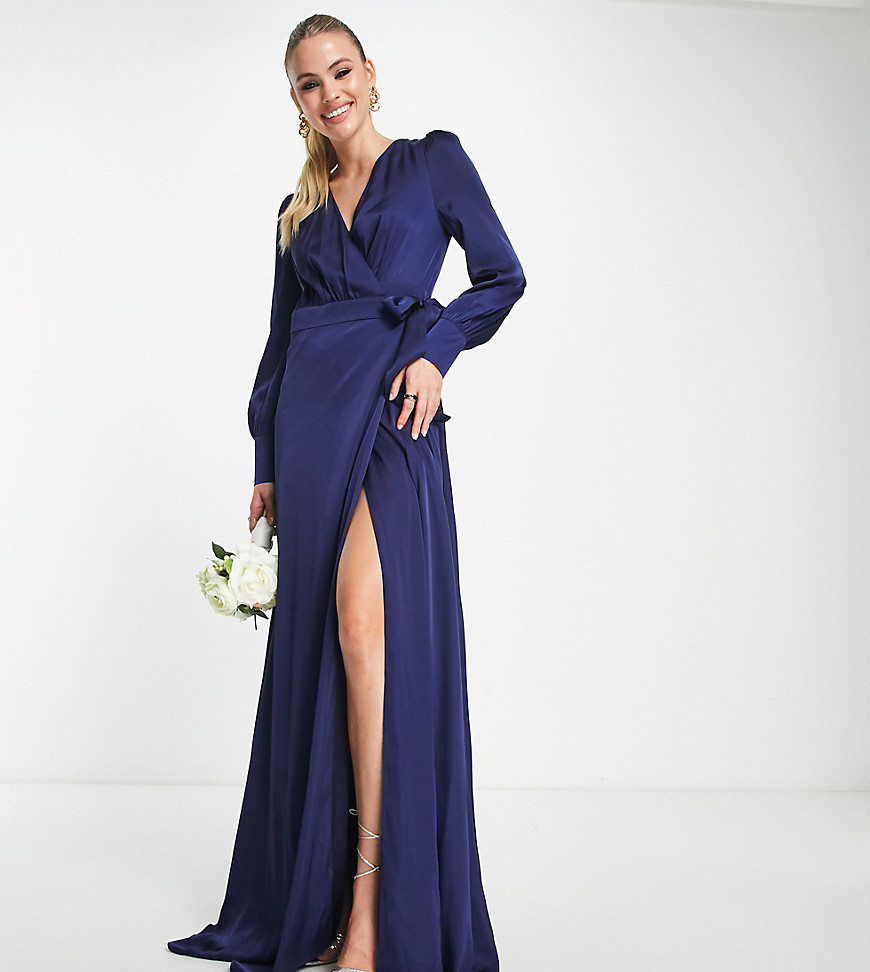 Tfnc Tall Bridesmaid Long Sleeve Satin Maxi Dress In Navy Blue