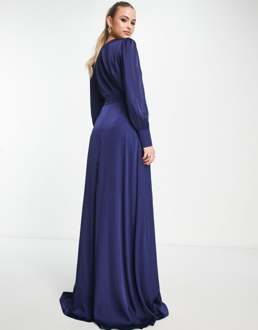 Navy blue long store sleeve bridesmaid dresses