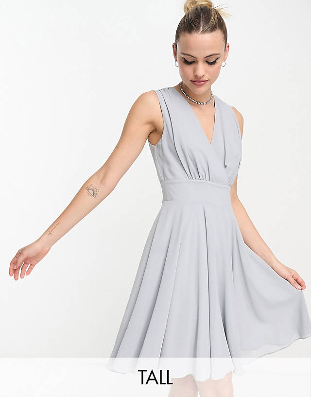 TFNC Tall - bridesmaid mini skater dress in grey