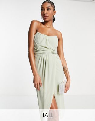 TFNC Tall  Bridesmaid bandeau wrap dress in sage green