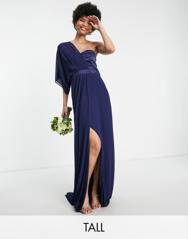 TFNC Tall Bridesmaid one shoulder chiffon maxi dress in navy