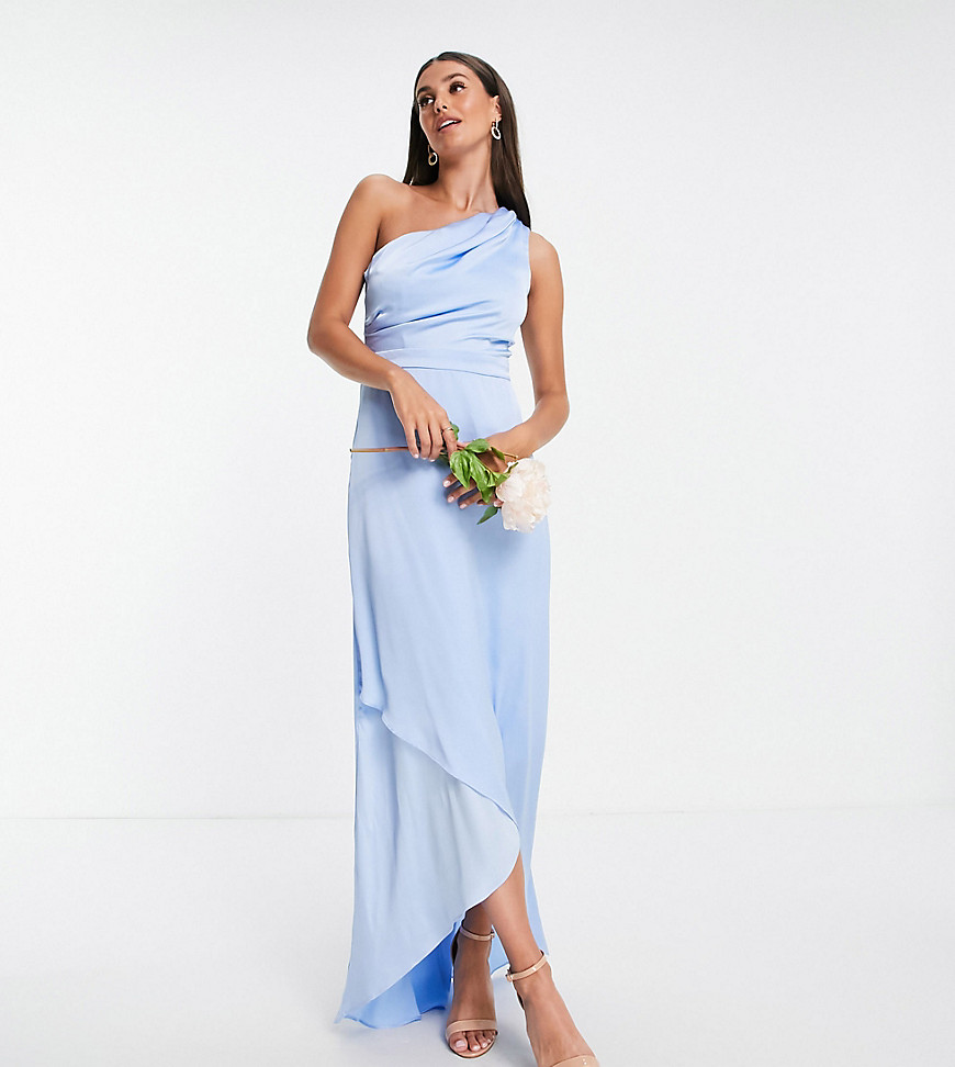 TFNC Tall Bridesmaid one shoulder maxi dress in light blue-Blues