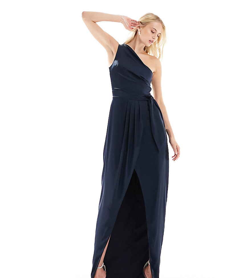 Tfnc Tall Bridesmaid One-shoulder Maxi Dress With Pleated Detail In Navy-blue