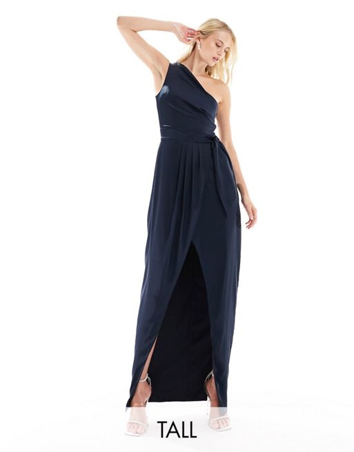 TFNC Tall Bridesmaid one-shoulder maxi dress with pleated detail in navy