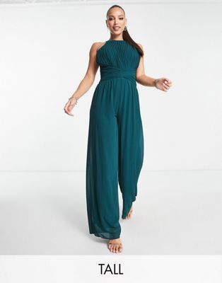 TFNC Tall Bridesmaid pleated halter neck wide leg jumpsuit in emerald - ASOS Price Checker