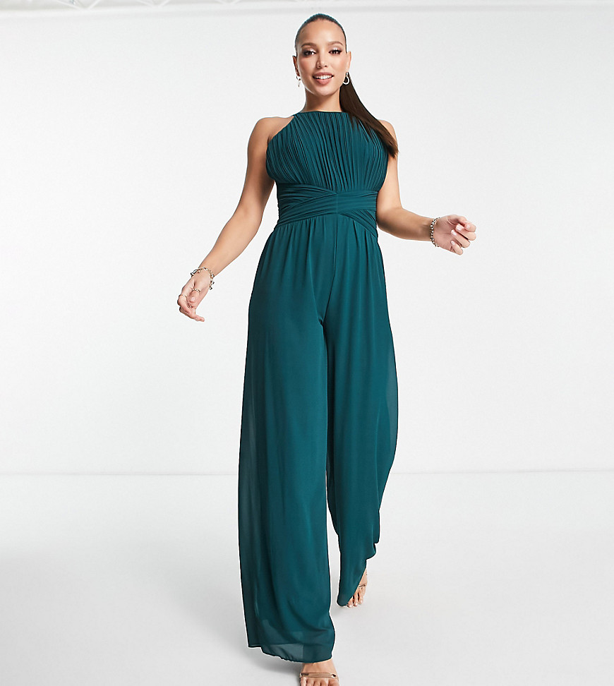 Tfnc Tall Bridesmaid Pleated Halter Neck Wide Leg Jumpsuit In Emerald-Green