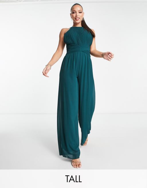 TFNC Tall Bridesmaid pleated halter neck wide leg jumpsuit in emerald