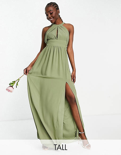 TFNC Tall Bridesmaid pleated maxi dress in dusky green