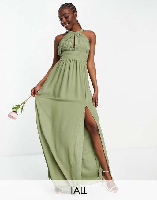 TFNC Tall Bridesmaid pleated maxi dress in dusky green