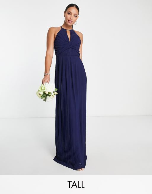 TFNC Tall bridesmaid pleated wrap detail maxi dress in navy | ASOS