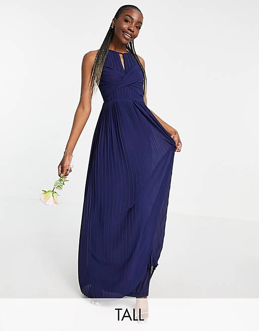 TFNC Tall bridesmaid pleated wrap detail maxi dress in navy