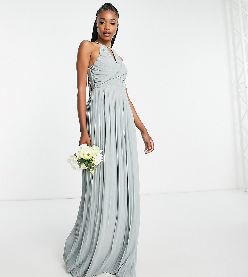 TFNC Tall bridesmaid pleated wrap detail maxi dress in sage-Green