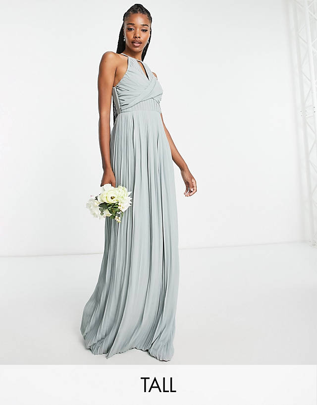 TFNC Tall - bridesmaid pleated wrap detail maxi dress in sage