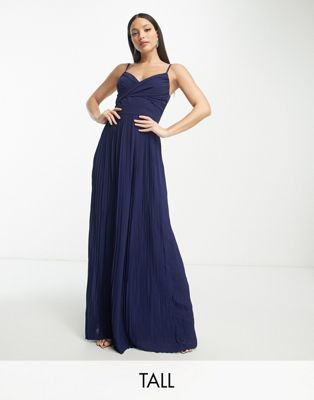 TFNC Tall Bridesmaid pleated wrap front maxi dress in navy - ASOS Price Checker