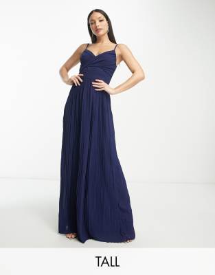 TFNC Tall Bridesmaid pleated wrap front maxi dress in navy-Blue