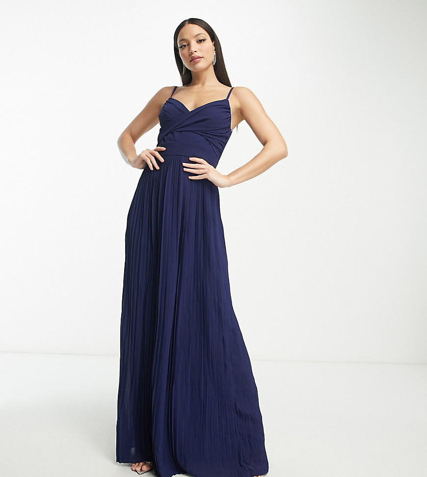 TFNC Tall Bridesmaid pleated wrap front maxi dress in navy-Blue