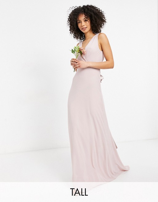 TFNC Tall bridesmaid plunge front bow back maxi dress in mink