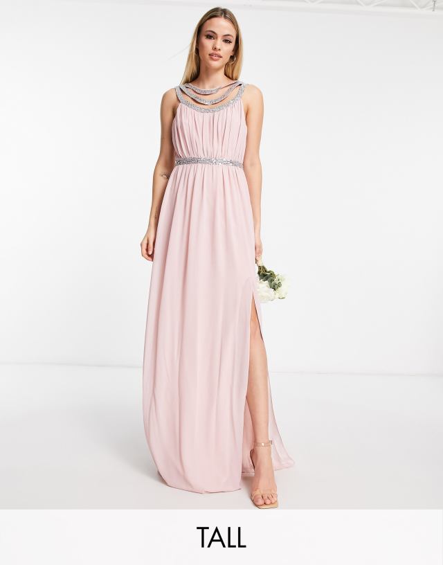 TFNC Tall Bridesmaid premium embellished back and front maxi dress in mauve