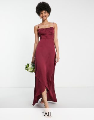 Tfnc Tall Bridesmaid Satin Cami Dress In Berry-purple