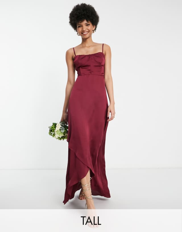 TFNC Tall Bridesmaid satin cami dress in berry