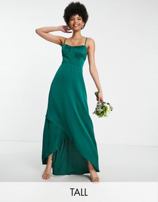 TFNC Tall Bridesmaid satin cami dress in emerald green