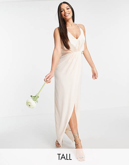  TFNC Tall bridesmaid satin halterneck top maxi dress in light blush 