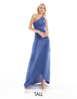 TFNC Tall Bridesmaid satin one shoulder maxi dress with wrap skirt in aster blue