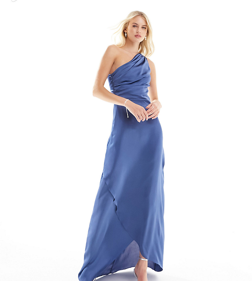 TFNC Tall Bridesmaid satin one shoulder maxi dress with wrap skirt in aster blue