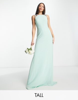 Tfnc Tall Bridesmaid Square Back Embellished Maxi Dress In Sage-brown