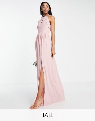 TFNC Tall  Bridesmaid strappy back halter neck dress in dusty pink