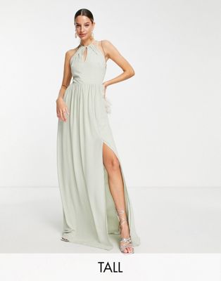 TFNC Tall  Bridesmaid strappy back halter neck dress in sage green