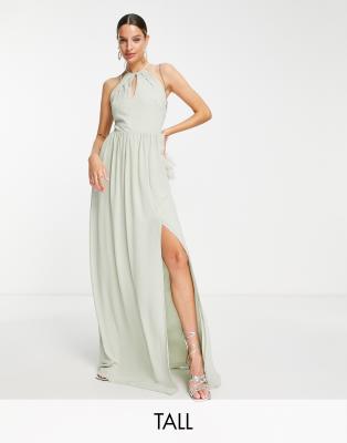 Bridesmaid strappy back halter neck dress in sage green