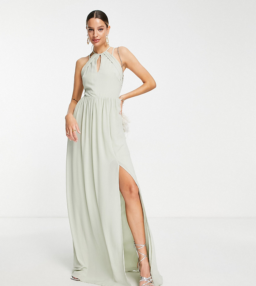 TFNC Tall Bridesmaid strappy back halter neck dress in sage green
