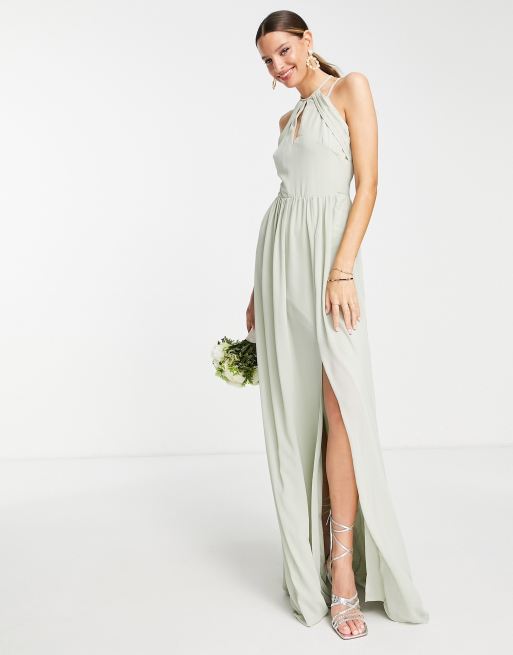 TFNC Tall Bridesmaid strappy back halterneck dress in sage green, 2 of 4