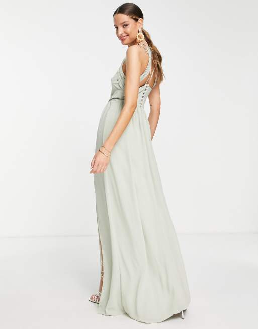 TFNC Tall Bridesmaid strappy back halterneck dress in sage green, 3 of 4
