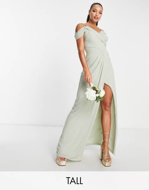 TFNC Tall Bridesmaid drape shoulder wrap dress in sage green